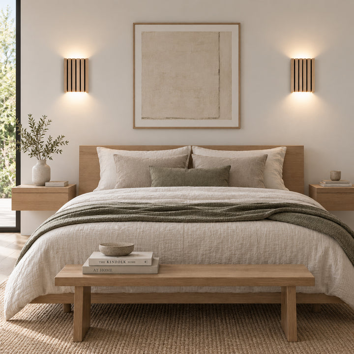 SW5226 Natural Wood Oak/Walnut Slat Scandi Wall Panel Light (Integrated Emergency Option)
