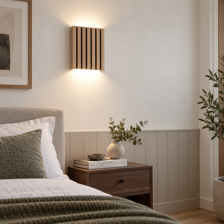 SW7226 Natural Wood Oak/Walnut Slat Scandi Wall Panel Light (Integrated Emergency Option)