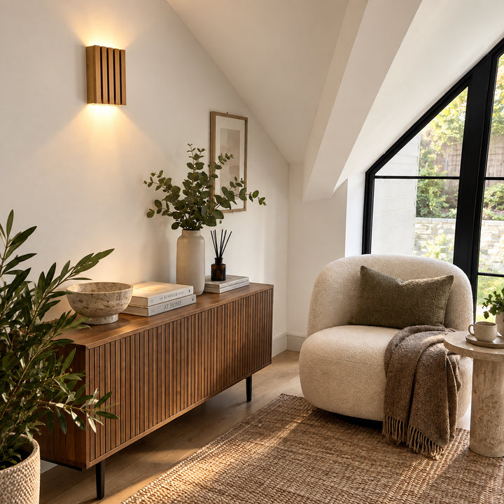 SW5226 Natural Wood Oak/Walnut Slat Scandi Wall Panel Light (Integrated Emergency Option)