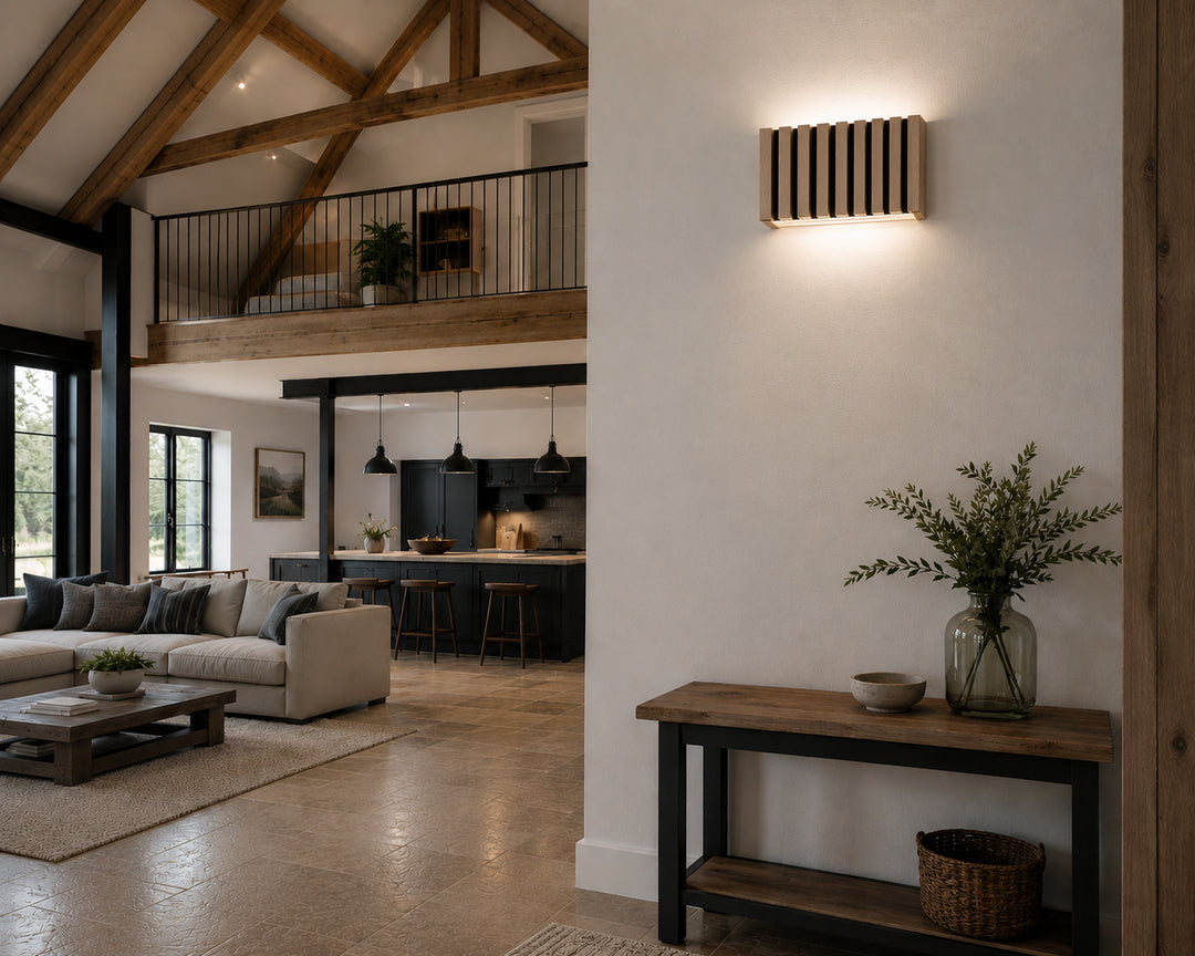 SW9281 Natural Wood Oak/Walnut Slat Scandi Wall Panel Light (Integrated Emergency Option)