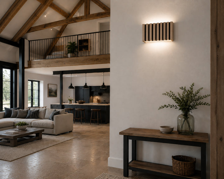 SW9281 Natural Wood Oak/Walnut Slat Scandi Wall Panel Light (Integrated Emergency Option)