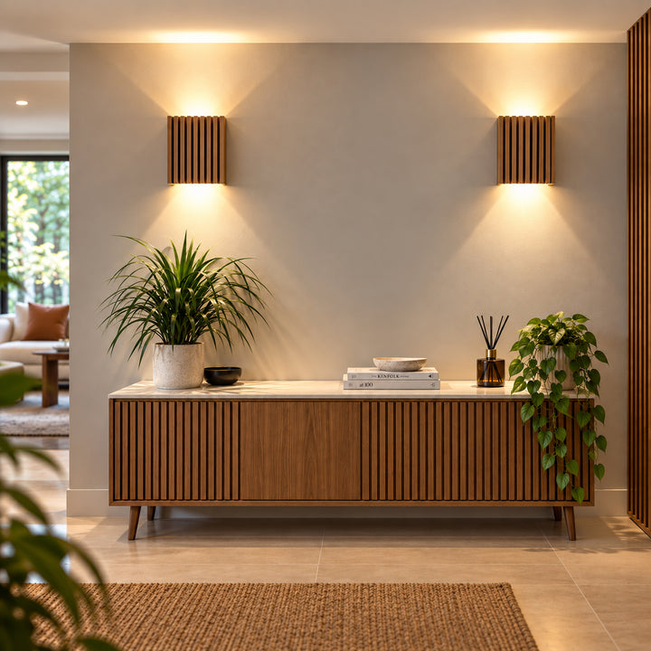 SW7226 Natural Wood Oak/Walnut Slat Scandi Wall Panel Light (Integrated Emergency Option)