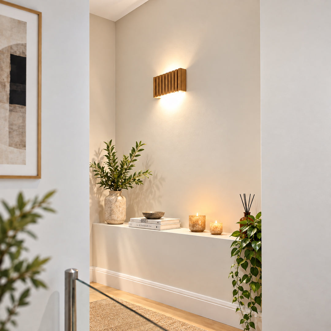 SW9281 Natural Wood Oak/Walnut Slat Scandi Wall Panel Light (Integrated Emergency Option)